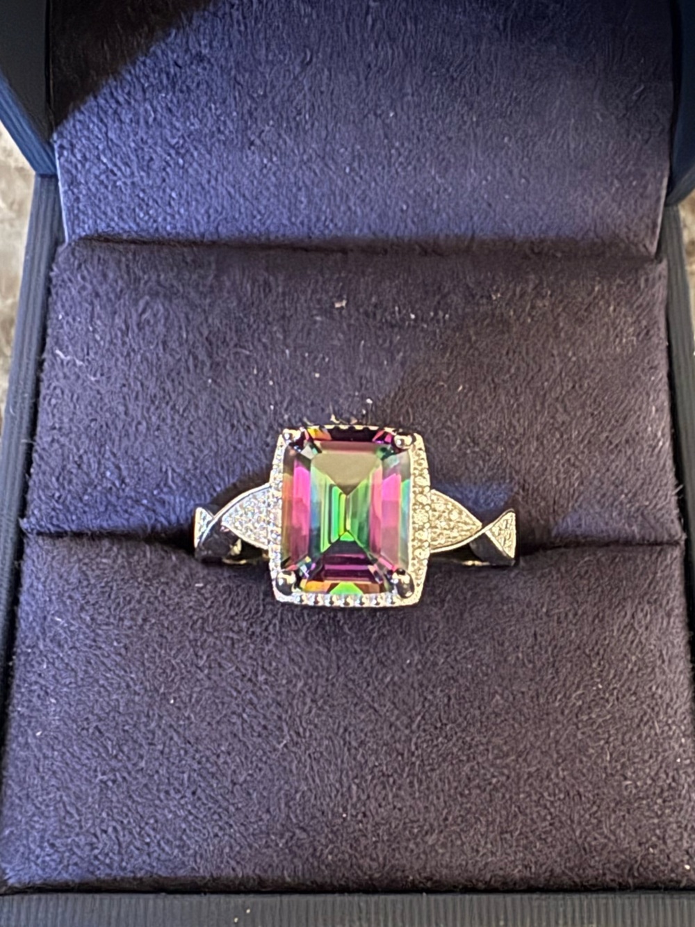Mystic-Effect Emerald-Cut Halo Ring in Multicolor